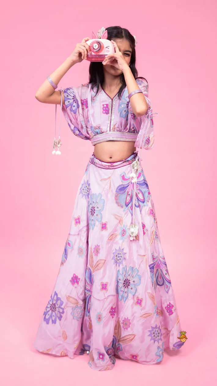 Outlet Lavender Floral Printed Embroidered Top With Flared Lehenga And Dupatta Ethnic Wear | Lehengas & Ghagras