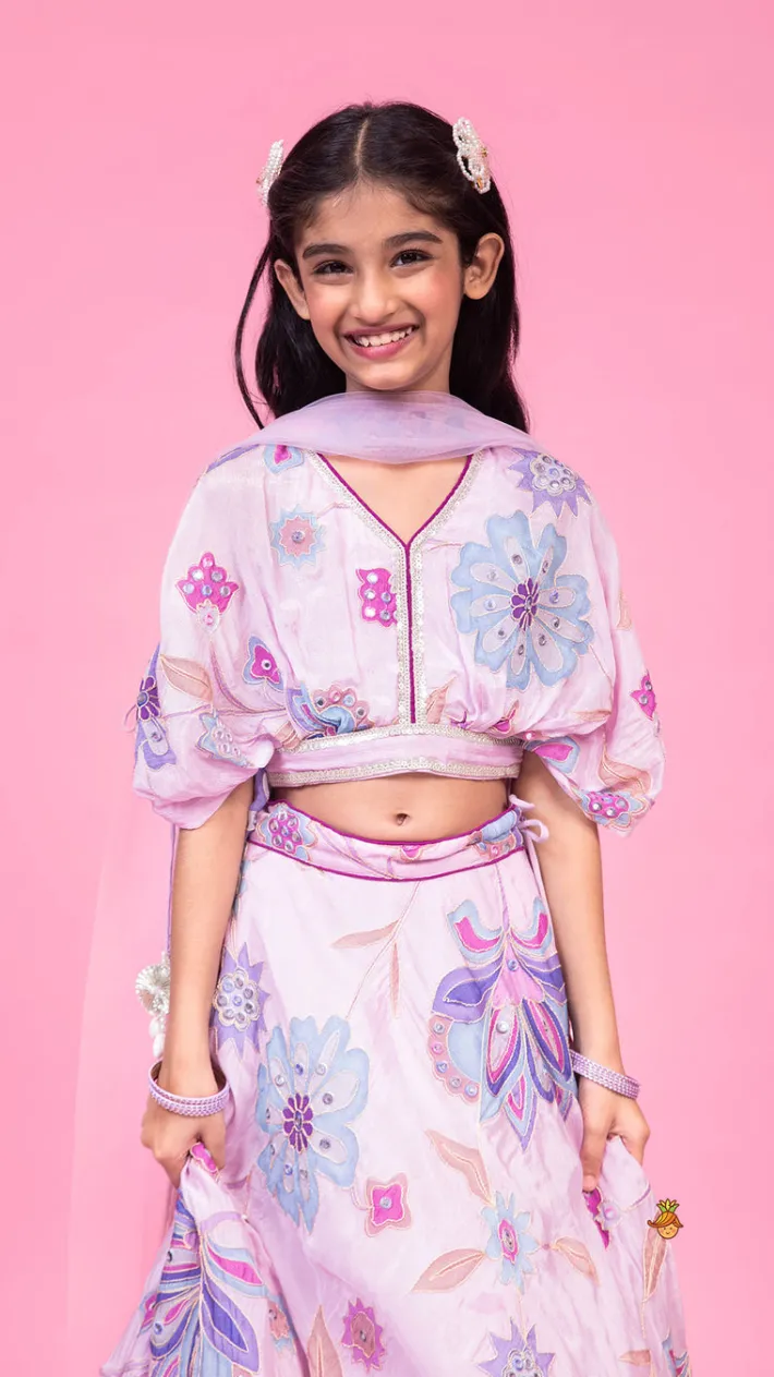 Outlet Lavender Floral Printed Embroidered Top With Flared Lehenga And Dupatta Ethnic Wear | Lehengas & Ghagras