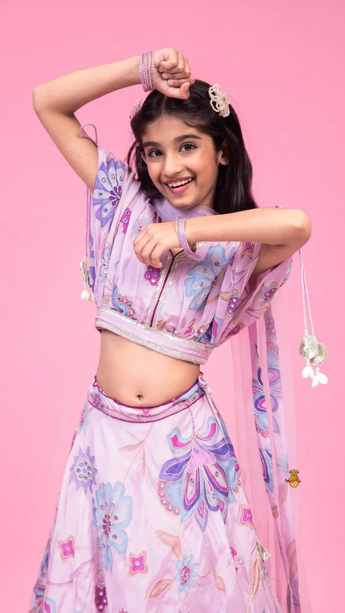 Outlet Lavender Floral Printed Embroidered Top With Flared Lehenga And Dupatta Ethnic Wear | Lehengas & Ghagras
