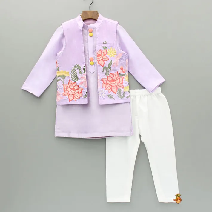 Clearance Lavender Kurta With Embroidered Front Open Jacket And Pyjama BOY Twinning Sets | Indian Ethnic Wear