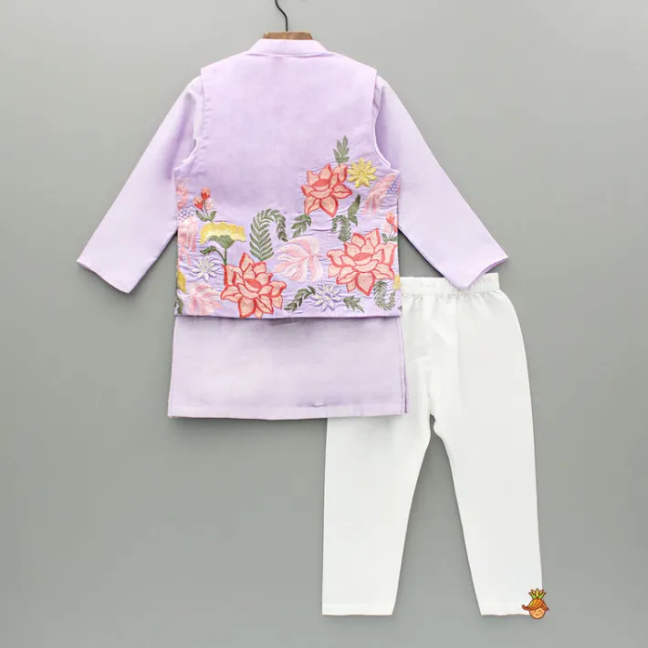 Clearance Lavender Kurta With Embroidered Front Open Jacket And Pyjama BOY Twinning Sets | Indian Ethnic Wear