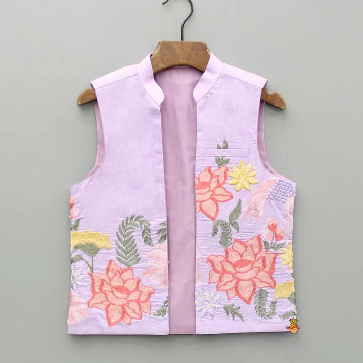 Clearance Lavender Kurta With Embroidered Front Open Jacket And Pyjama BOY Twinning Sets | Indian Ethnic Wear