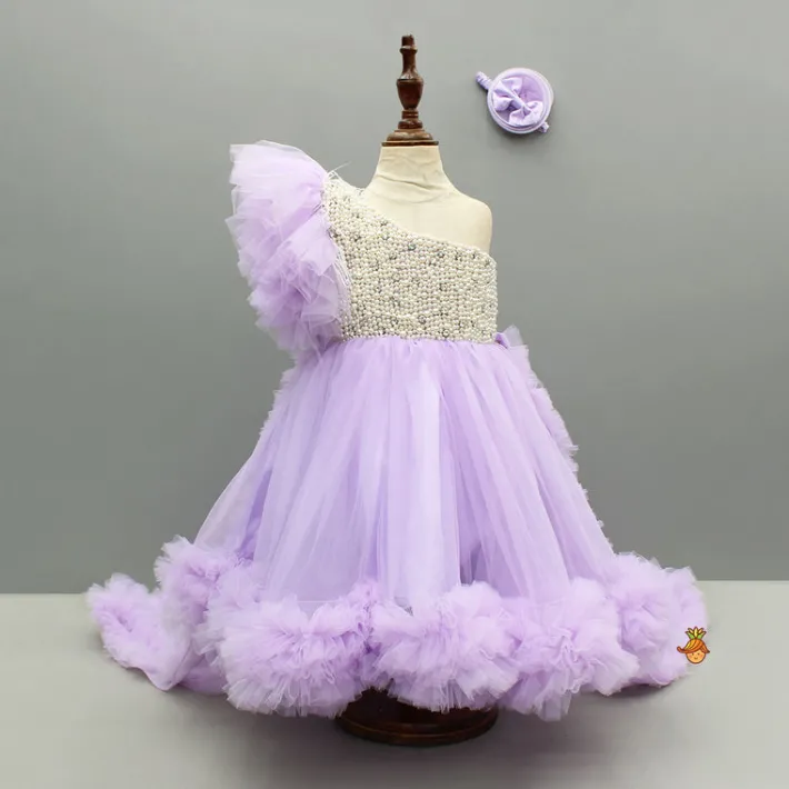 New Lavender One Shoulder Embellished Dress With Detachable Trial And Bow With Matching Swirled Bowie Headband Dresses & Sets | Dresses