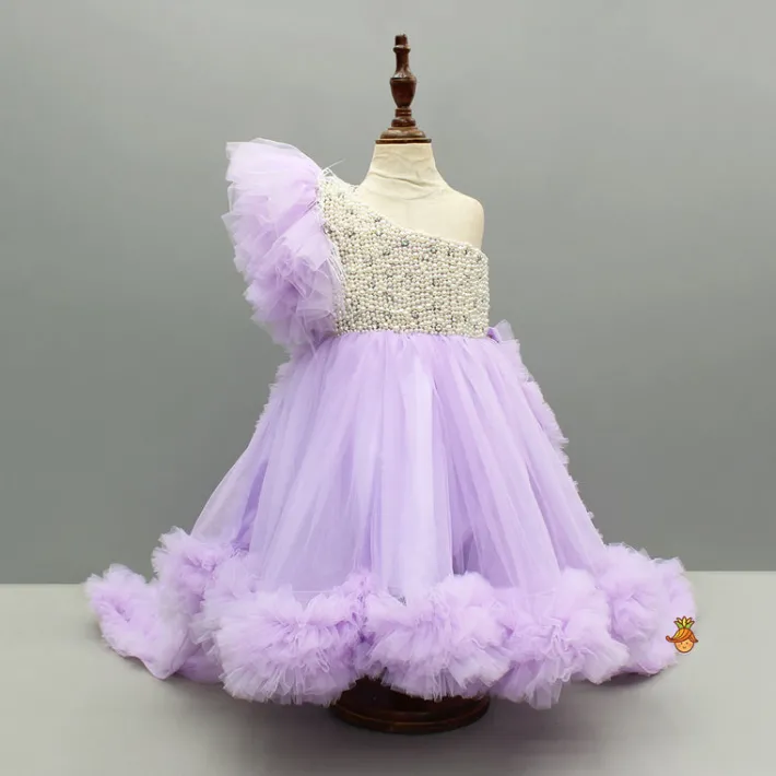 New Lavender One Shoulder Embellished Dress With Detachable Trial And Bow With Matching Swirled Bowie Headband Dresses & Sets | Dresses