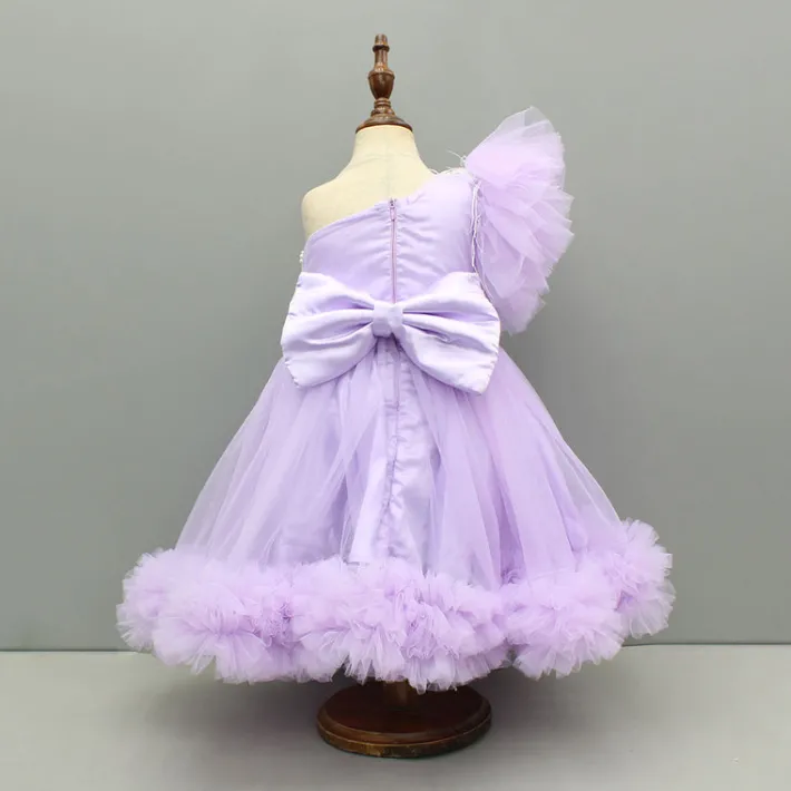 New Lavender One Shoulder Embellished Dress With Detachable Trial And Bow With Matching Swirled Bowie Headband Dresses & Sets | Dresses