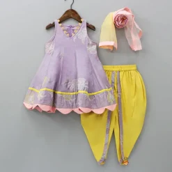 Fashion Lavender Thread Embroidered Kurti And Tulip Dhoti With Dupatta Ethnic Wear | Dhotis & Patialas