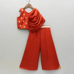 Best Leaf Adorned Rust Crop Top And Flared Palazzo Ethnic Wear | Palazzos & Shararas