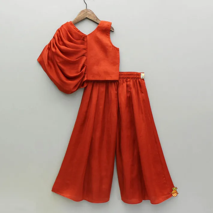 Best Leaf Adorned Rust Crop Top And Flared Palazzo Ethnic Wear | Palazzos & Shararas