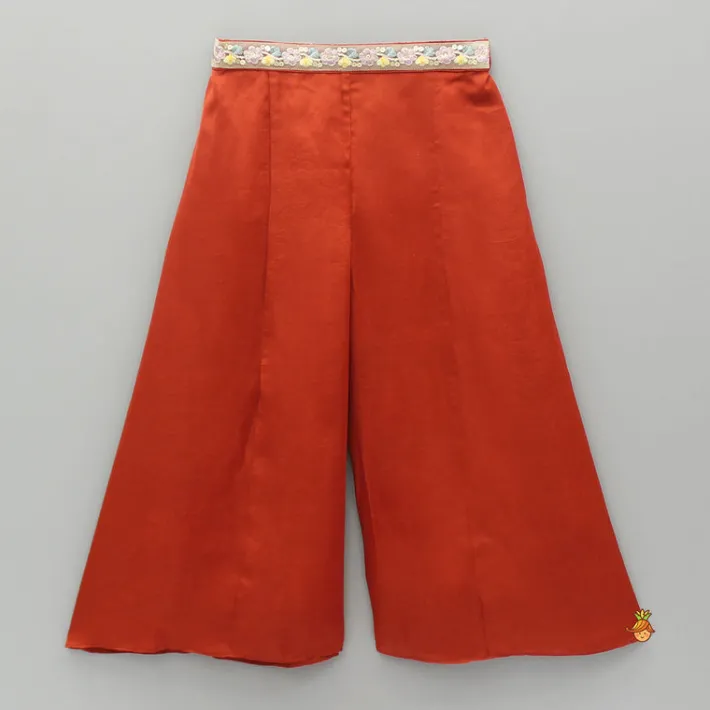 Best Leaf Adorned Rust Crop Top And Flared Palazzo Ethnic Wear | Palazzos & Shararas
