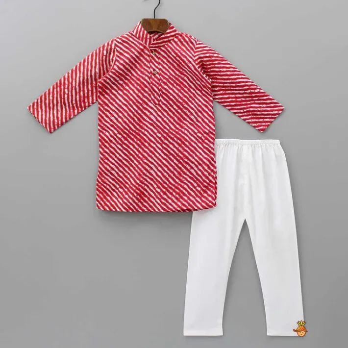 Outlet Leheriya Printed Mandarin Collar Red Kurta With White Pyjama BOY Indian Ethnic Wear | Ethnic Sets