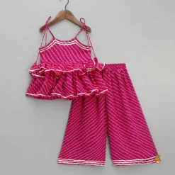 Discount Leheriya Printed Pink Tie Up Straps Kurti And Flared Palazzo Ethnic Wear | Palazzos & Shararas
