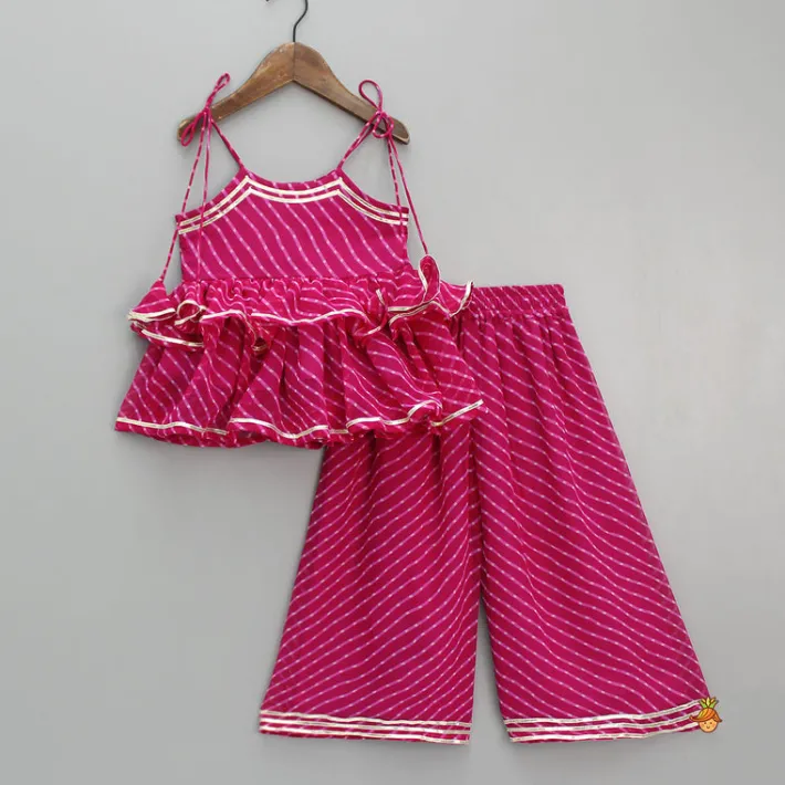 Hot Leheriya Printed Pink Tie Up Straps Kurti And Flared Palazzo Ethnic Wear | Palazzos & Shararas