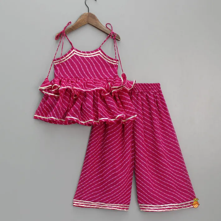 Hot Leheriya Printed Pink Tie Up Straps Kurti And Flared Palazzo Ethnic Wear | Palazzos & Shararas
