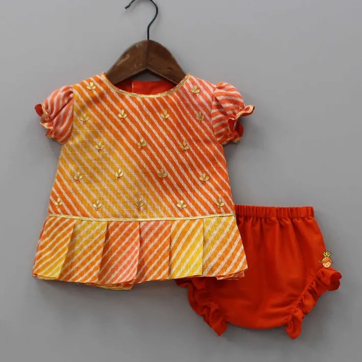 Fashion Leheriya Printed Puff Sleeves Top And Orange Bloomer Baby Essentials | Infant Clothing