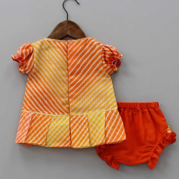 Fashion Leheriya Printed Puff Sleeves Top And Orange Bloomer Baby Essentials | Infant Clothing