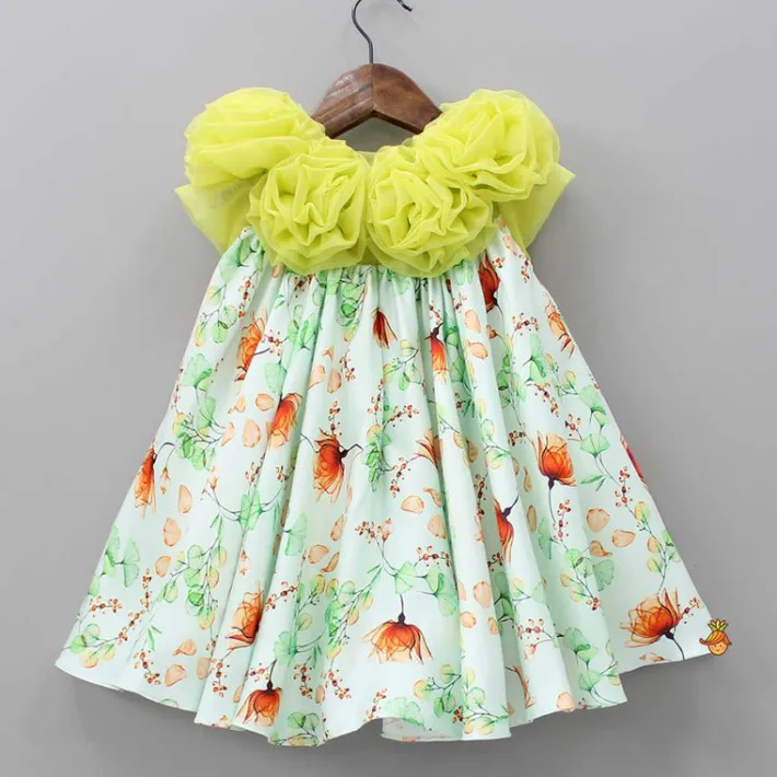 Clearance Lime Green Floral Printed Rose Flowers Adorned Dress Dresses & Sets | Dresses