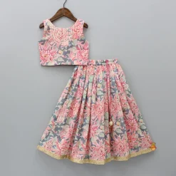 Fashion Linen Floral Grey And Peach Top With Pleated Lehenga And Matching Net Lace Work Dupatta Ethnic Wear | Lehengas & Ghagras