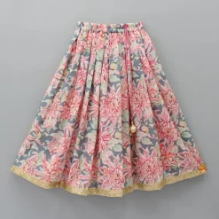 Fashion Linen Floral Grey And Peach Top With Pleated Lehenga And Matching Net Lace Work Dupatta Ethnic Wear | Lehengas & Ghagras