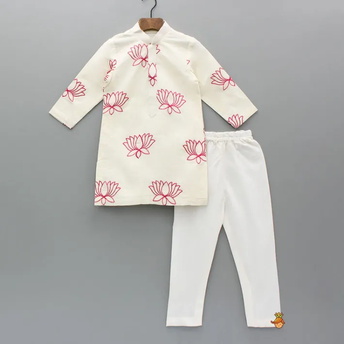 New Lotus Embroidered Kurta With Pink Jacket And Churidar BOY Twinning Sets | Indian Ethnic Wear
