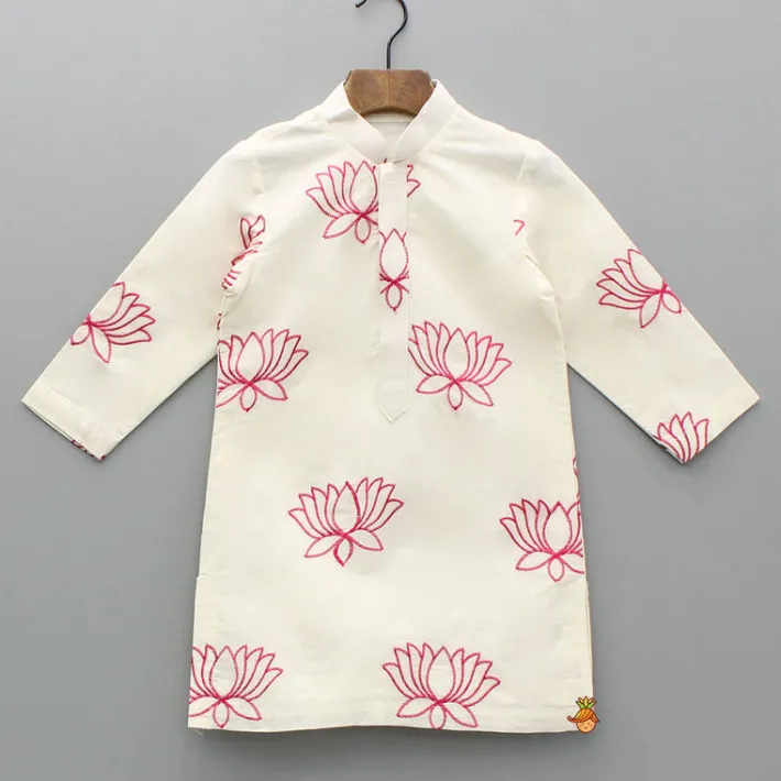 New Lotus Embroidered Kurta With Pink Jacket And Churidar BOY Twinning Sets | Indian Ethnic Wear