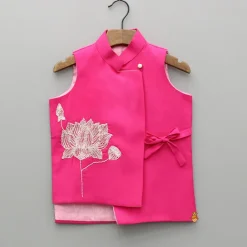 New Lotus Embroidered Kurta With Pink Jacket And Churidar BOY Twinning Sets | Indian Ethnic Wear