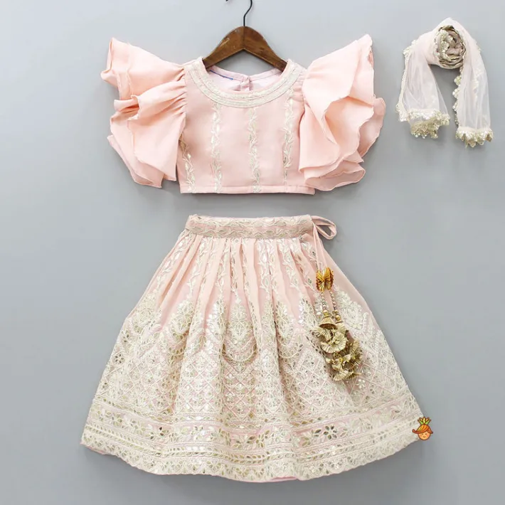 Outlet Lovely Peach Georgette Frilly Sleeves Top And Lehenga With Net Dupatta Ethnic Wear | Lehengas & Ghagras