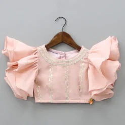 Outlet Lovely Peach Georgette Frilly Sleeves Top And Lehenga With Net Dupatta Ethnic Wear | Lehengas & Ghagras