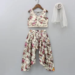 Online Lurex Striped Floral Printed V Neck Top And Patiala With Stylish Net Off White Dupatta Ethnic Wear | Dhotis & Patialas