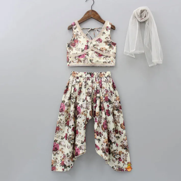 Online Lurex Striped Floral Printed V Neck Top And Patiala With Stylish Net Off White Dupatta Ethnic Wear | Dhotis & Patialas