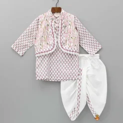 Hot Lurex Striped Hand Block Printed Pink Ethnic Kurta With Open Jacket And Dhoti BOY Twinning Sets | Indian Ethnic Wear