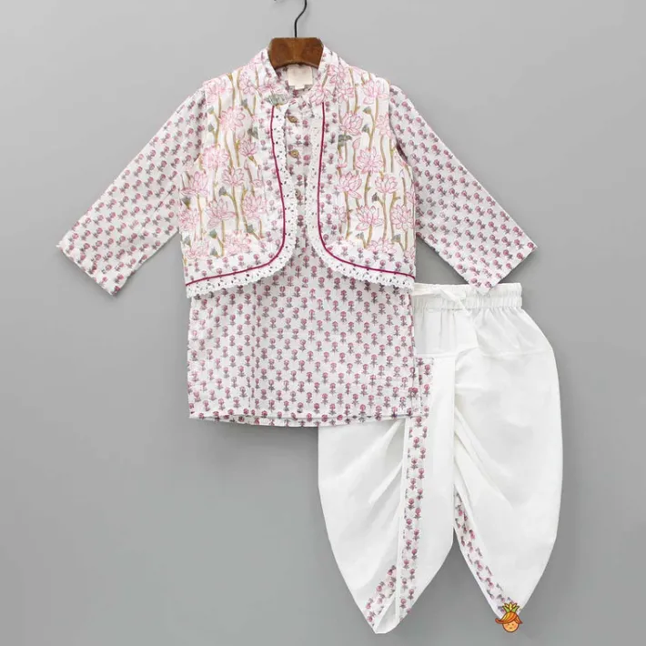 Hot Lurex Striped Hand Block Printed Pink Ethnic Kurta With Open Jacket And Dhoti BOY Twinning Sets | Indian Ethnic Wear