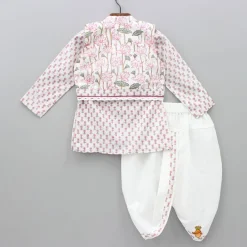 Hot Lurex Striped Hand Block Printed Pink Ethnic Kurta With Open Jacket And Dhoti BOY Twinning Sets | Indian Ethnic Wear