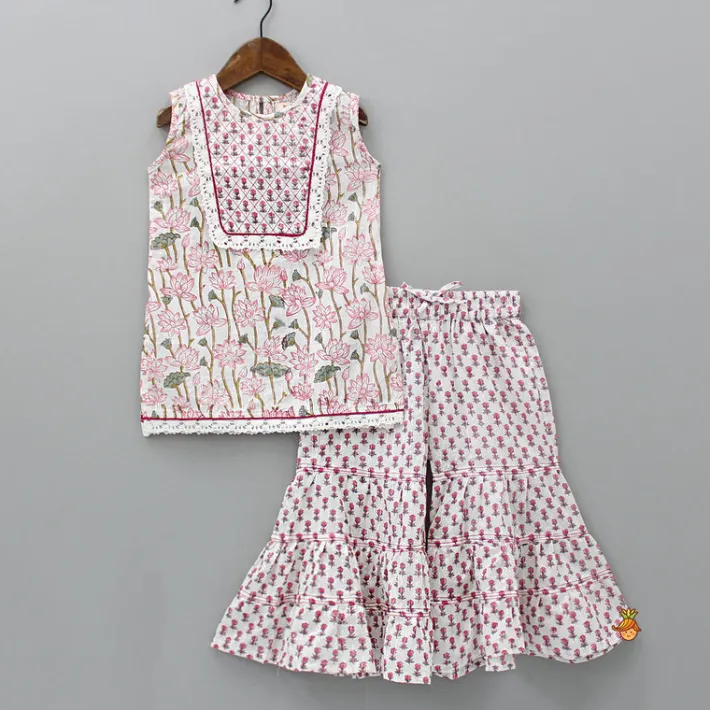 Online Lurex Striped Hand Block Floral Printed Kurti And Tiered Sharara With Dupatta Ethnic Wear | Palazzos & Shararas