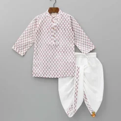 Hot Lurex Striped Hand Block Printed Pink Ethnic Kurta With Open Jacket And Dhoti BOY Twinning Sets | Indian Ethnic Wear