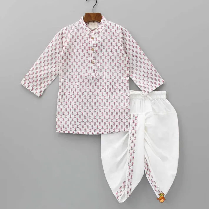 Hot Lurex Striped Hand Block Printed Pink Ethnic Kurta With Open Jacket And Dhoti BOY Twinning Sets | Indian Ethnic Wear