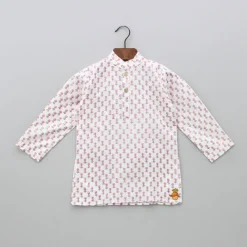 Hot Lurex Striped Hand Block Printed Pink Ethnic Kurta With Open Jacket And Dhoti BOY Twinning Sets | Indian Ethnic Wear