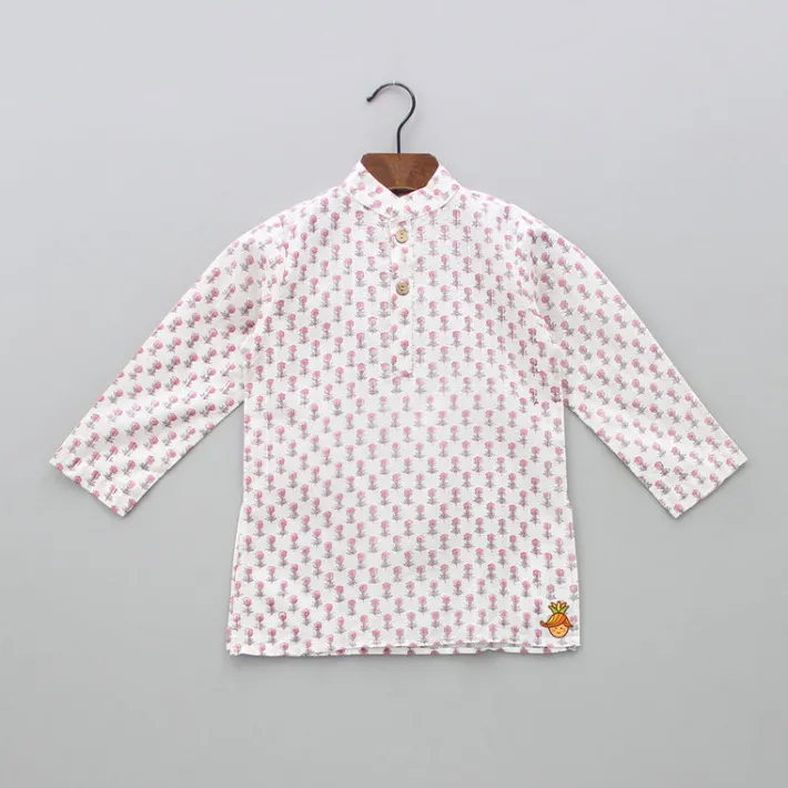 Hot Lurex Striped Hand Block Printed Pink Ethnic Kurta With Open Jacket And Dhoti BOY Twinning Sets | Indian Ethnic Wear