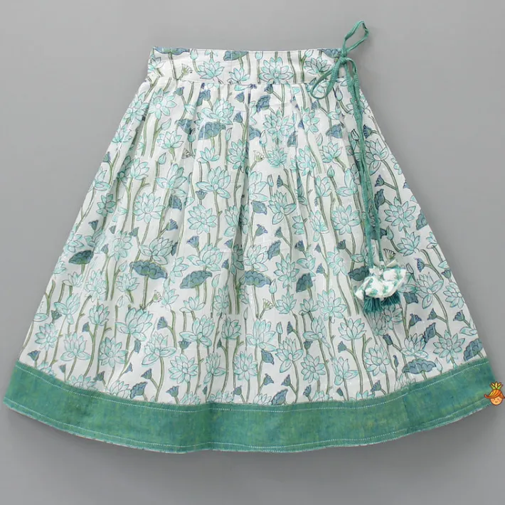Fashion Lurex Striped Hand Block Floral Printed Turquoise Green Top With Lehenga Ethnic Wear | Lehengas & Ghagras