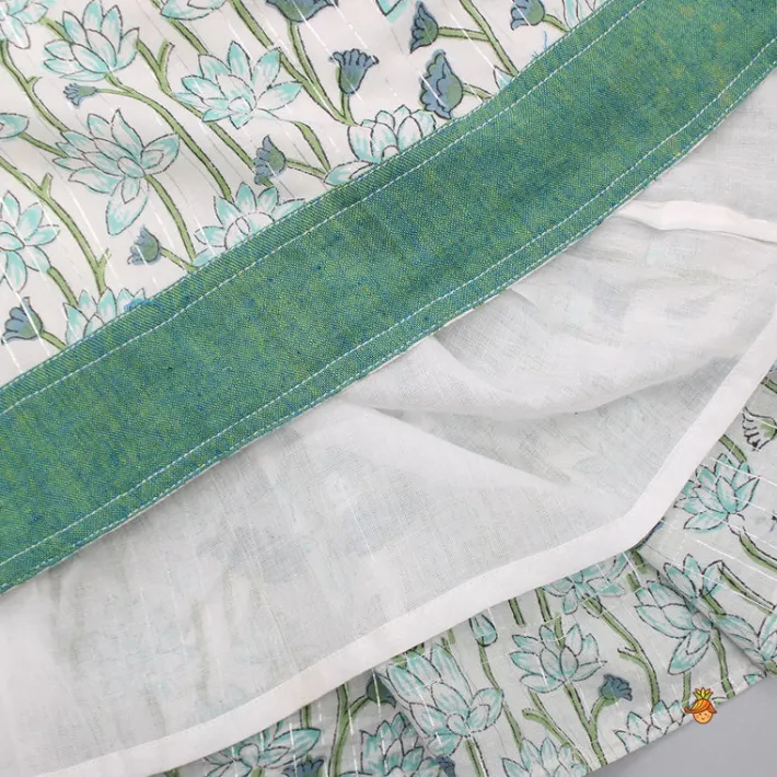 Fashion Lurex Striped Hand Block Floral Printed Turquoise Green Top With Lehenga Ethnic Wear | Lehengas & Ghagras