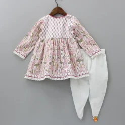 Fashion Lurex Striped Pink Hand Block Floral Printed Angarkha Kurti And Dhoti Twinning Sets | Ethnic Wear