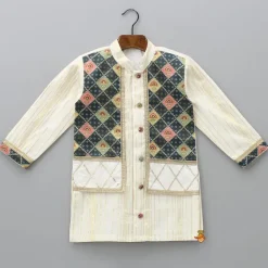 New Lurex Stripes Off White Jacket Style Kurta And Pyjama BOY Twinning Sets | Indian Ethnic Wear
