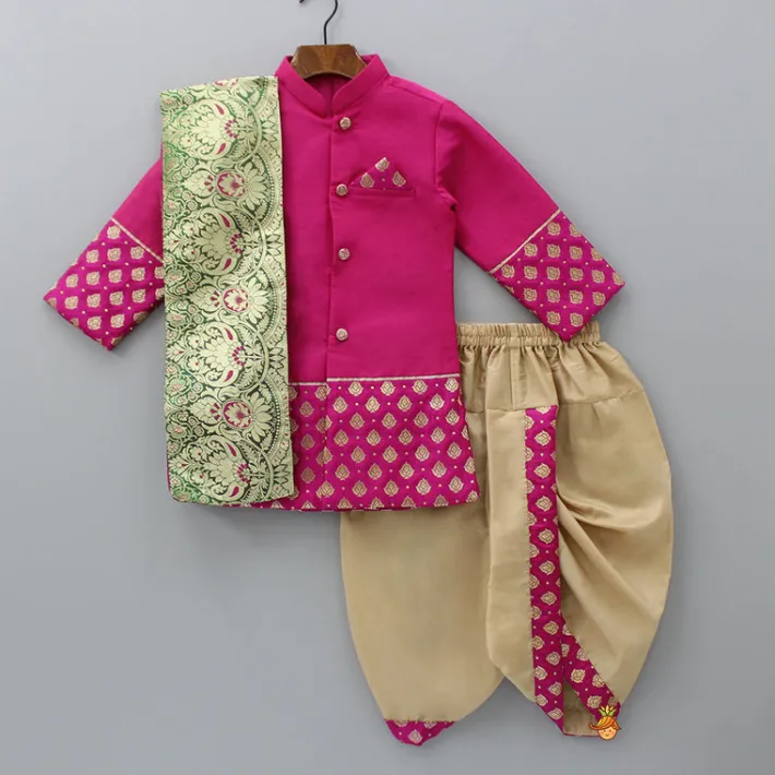 Clearance Magenta Pink Sherwani Style Kurta With Dhoti And Brocade Shawl BOY Indian Ethnic Wear | Ethnic Sets