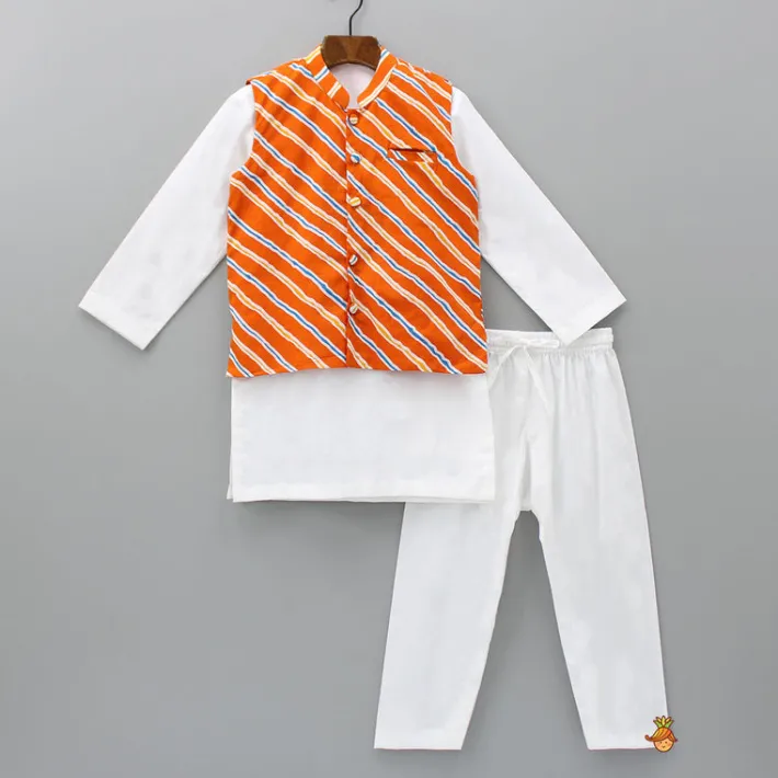 Fashion Mandarin Collar Kurta With Leheriya Printed Orange Jacket And Pyjama BOY Indian Ethnic Wear | Ethnic Sets