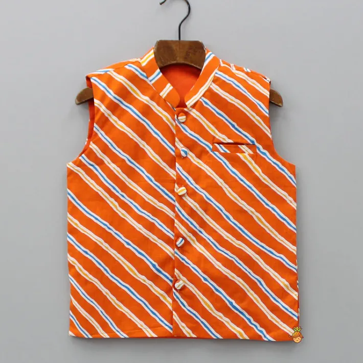 Fashion Mandarin Collar Kurta With Leheriya Printed Orange Jacket And Pyjama BOY Indian Ethnic Wear | Ethnic Sets