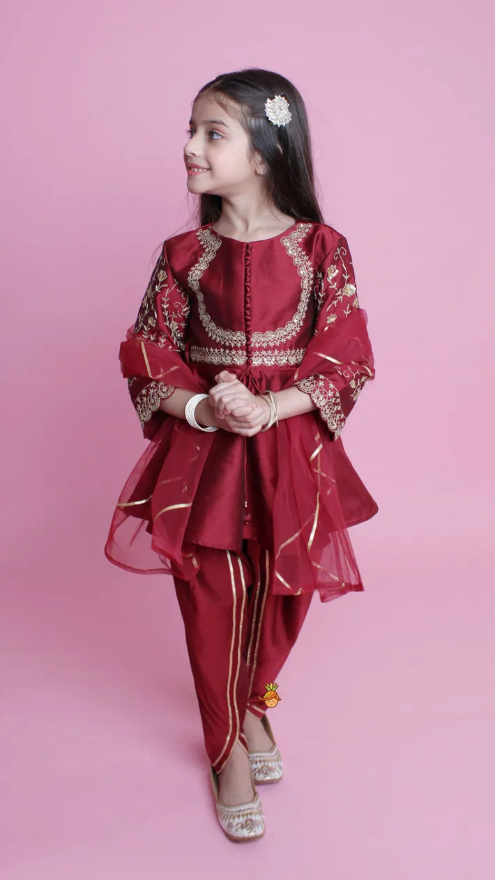Sale Maroon Embroidered Kurti And Tulip Dhoti Ethnic Wear | Dhotis & Patialas