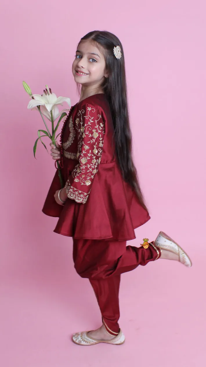 Sale Maroon Embroidered Kurti And Tulip Dhoti Ethnic Wear | Dhotis & Patialas
