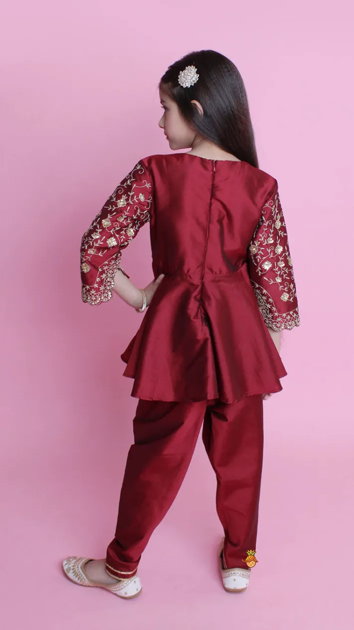 Sale Maroon Embroidered Kurti And Tulip Dhoti Ethnic Wear | Dhotis & Patialas