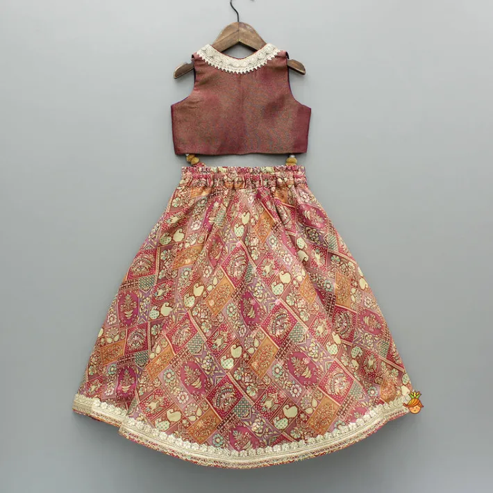 New Maroon Embroidered Top And Printed Lehenga With Matching Potli Bag Ethnic Wear | Lehengas & Ghagras