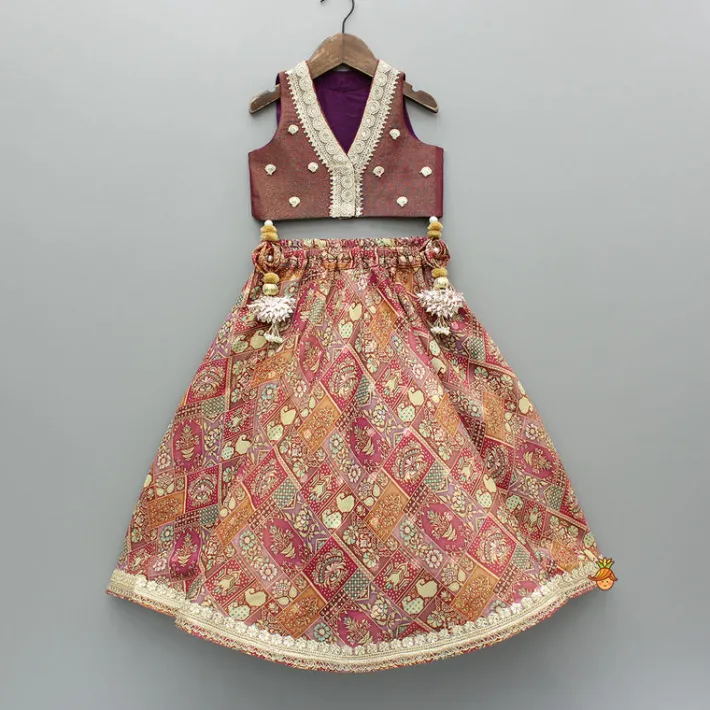 New Maroon Embroidered Top And Printed Lehenga With Matching Potli Bag Ethnic Wear | Lehengas & Ghagras