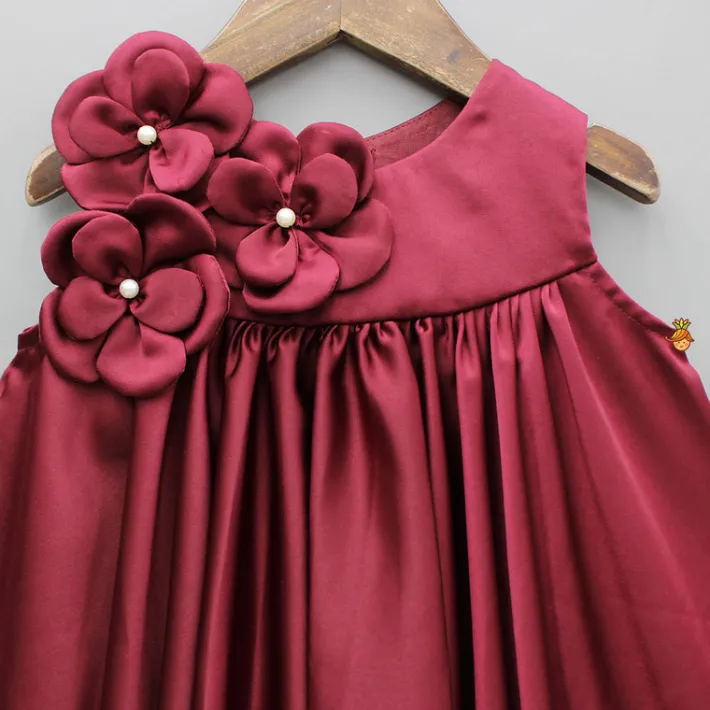 Clearance Maroon Flared Dress With Floral Embellishments Dresses & Sets | Dresses